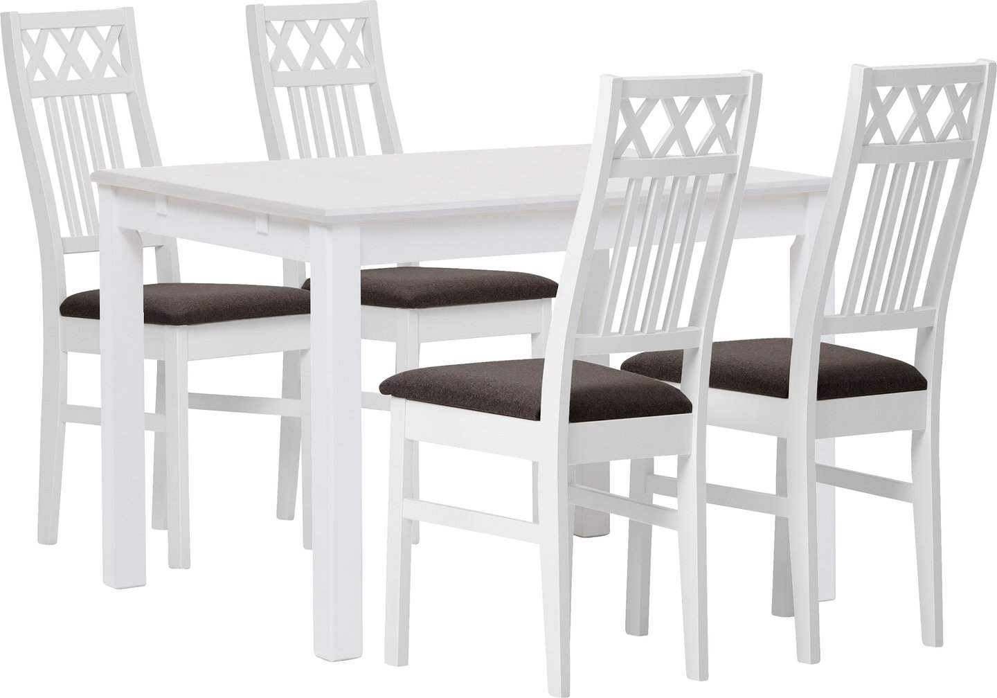 Hovi ruokailuryhmä 120x85. Valkoinen pöytä. Valkoinen tuoli, ruskea verhoilu