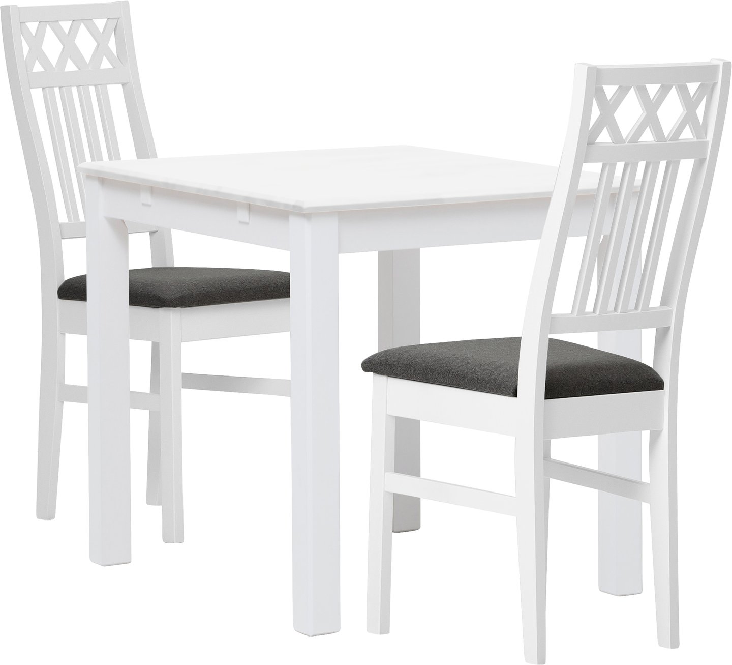 Hovi ruokailuryhmä 70x85. Valkoinen pöytä. Valkoinen tuoli, vaaleanharmaa verhoilu