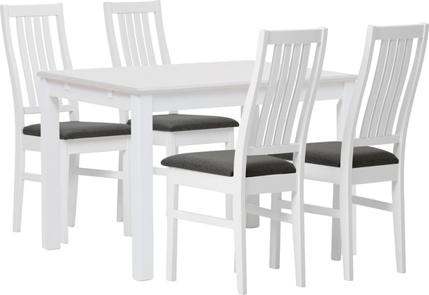 Hovi ruokailuryhmä 120x85. Valkoinen pöytä. Valkoinen tuoli, tummanharmaa verhoilu