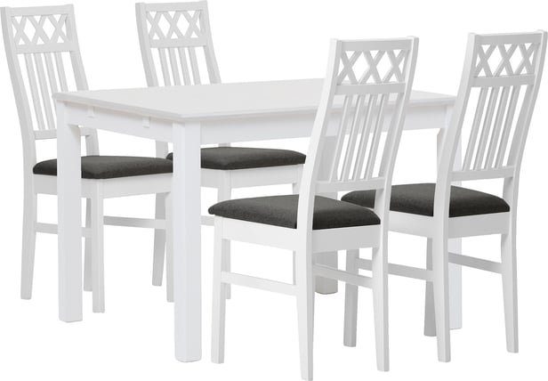 Hovi ruokailuryhmä 120x85. Valkoinen pöytä. Valkoinen tuoli, tummanharmaa verhoilu