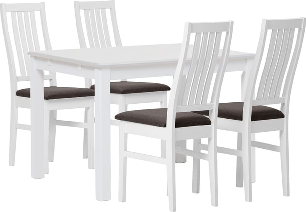 Hovi ruokailuryhmä 120x85. Valkoinen pöytä. Valkoinen tuoli, ruskea verhoilu